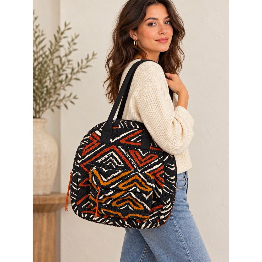 Women Woven fabric Geo Tribal Shoulder Bag Zip closure,  Black Orange Ochre